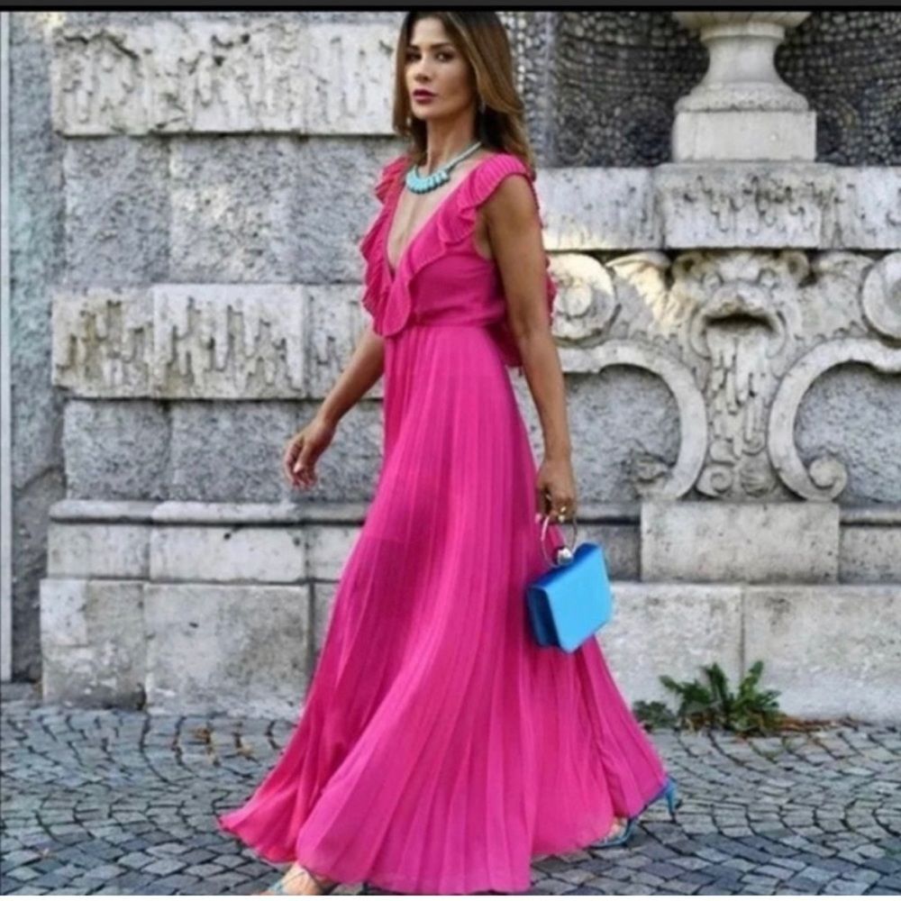 Zara Pleated Ruffle Fuchsia Maxi Dress